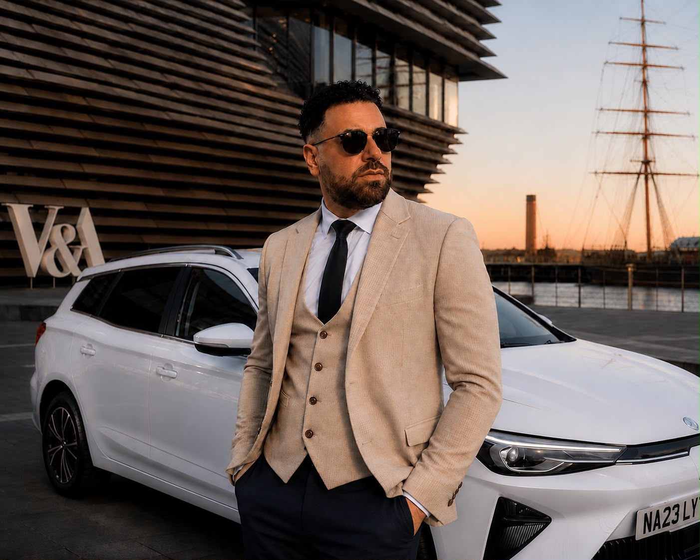 Mo from Taxi by Mo beside his white MG5 taxi at Dundee waterfront